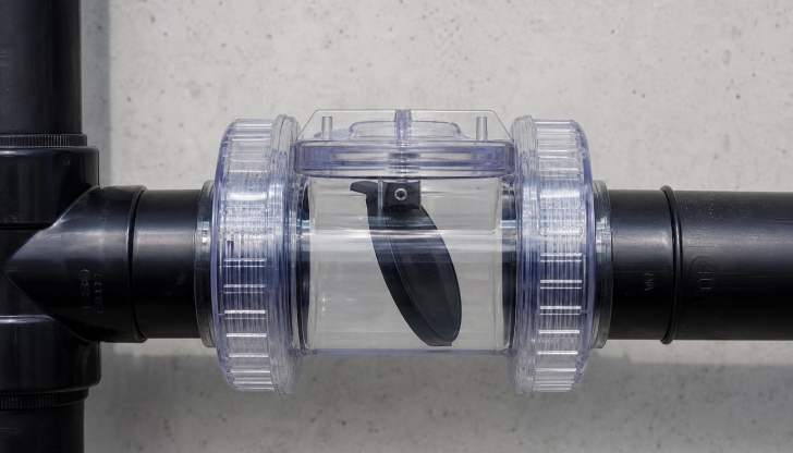 What inline plumbing valve prevents water pumped out of a basement sump basin from falling back down after the cycle?