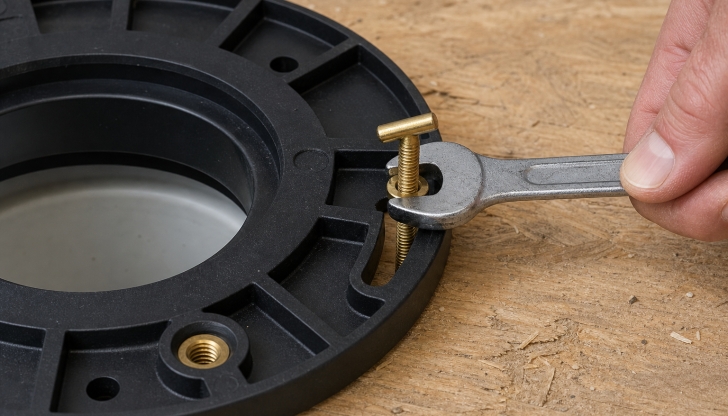 Which secure ring is bolted directly to the bathroom subfloor to lock down both the drainpipe and the toilet bowl?