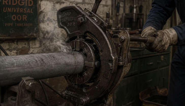 What heavy iron, dual-handle ratcheting tool is used on galvanized iron pipes to physically cut male threads onto the ends?