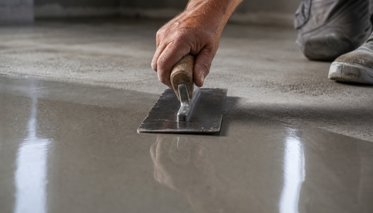 What rectangular, thin steel hand tool is swept in flat arcs at the very end of the drying cycle to create a dense, glass-smooth indoor floor finish?
