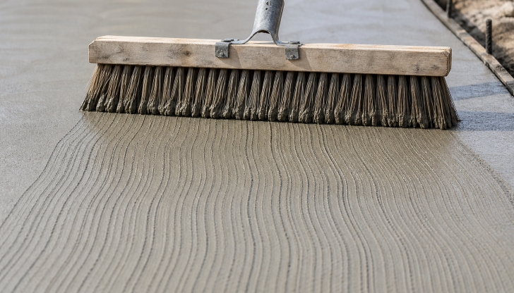 Why do builders pull a wide, stiff-bristled broom across newly finished outdoor driveways and sidewalks?