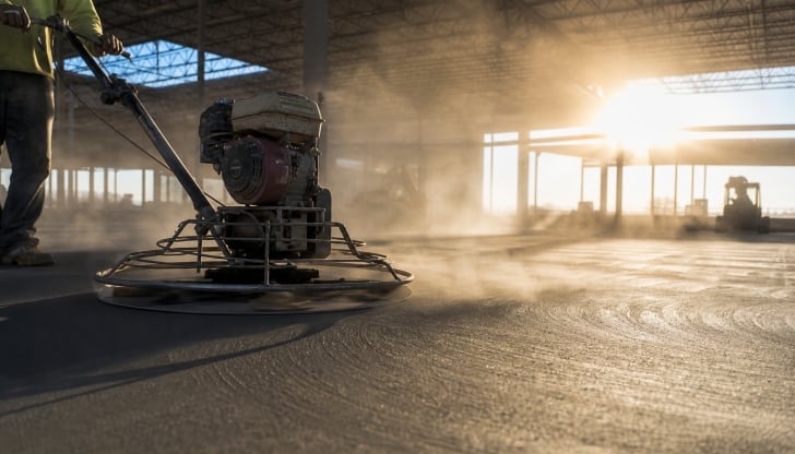 What circular, gas-powered machine with rotating horizontal steel blades is used to finish massive warehouse concrete floors quickly?