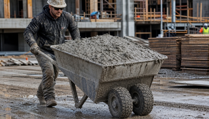Why do concrete workers use wheelbarrows with dual front tires and deep steel trays instead of single-tire garden models?