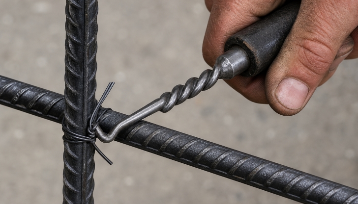 What spiral handle hand-hook tool pulls and spins thin wire loops around rebar joints with a single pull?