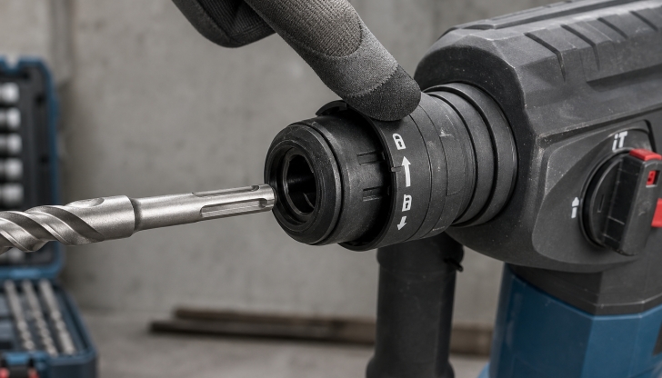 What specific chuck mechanism is standard on heavy-duty rotary hammer drills to keep concrete bits from slipping under hard impacts?