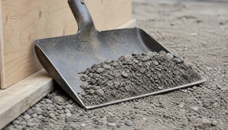Why do concrete workers use flat Square-Point Shovels instead of classic curved Round-Point garden shovels when scooping dry mix?