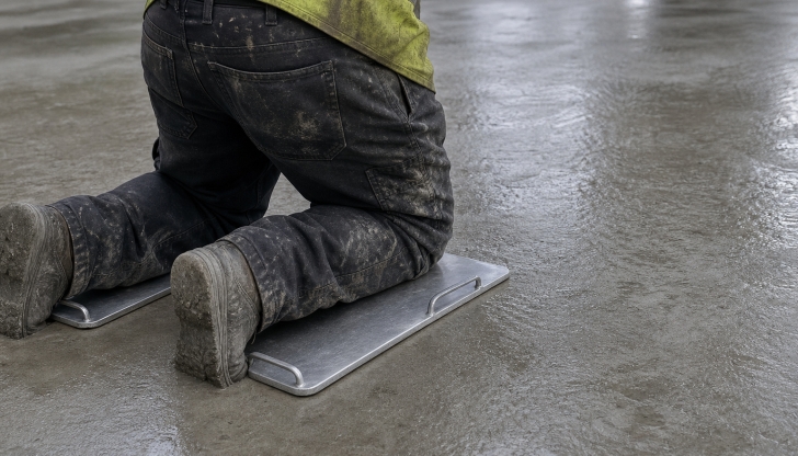 What flat sheet panels do concrete finishers kneel on to support their weight when working across semi-wet slabs?