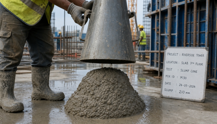 What hollow, cone-shaped metal tool is packed with wet concrete and flipped upside down on-site to measure its water density and consistency?